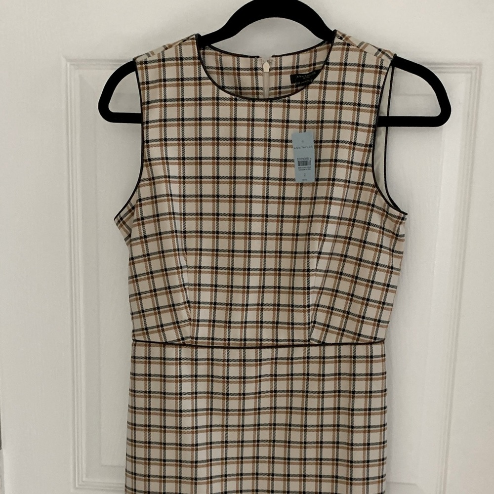 New Ann Taylor Petite Plaid Faux Leather Trim Sheath Dress